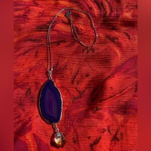 Natural purple agate slice and citrine quartz pendant on sterling silver chain